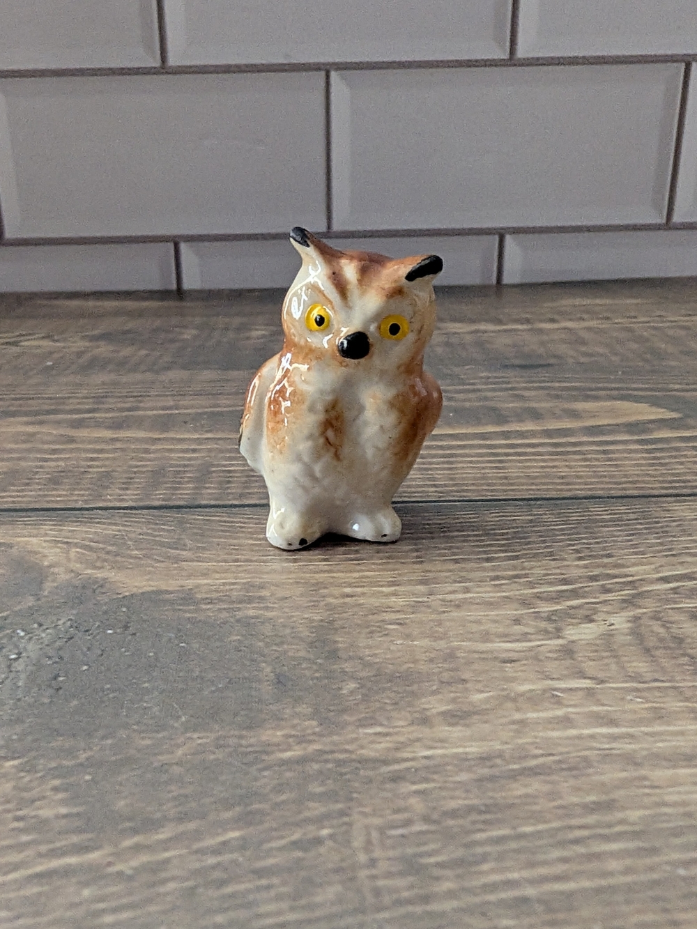 Ceramic Owl Figurine - Miniature Brown and Cream
